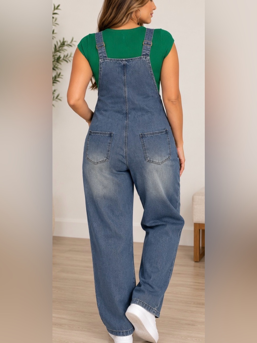 Chouyatou~ Women’s Classic Faded Blue Denim Overalls Casual Straight Leg. L - Picture 3 of 4
